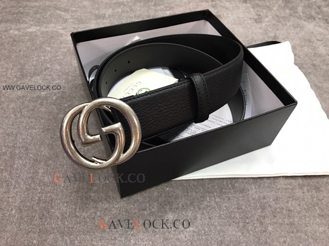 Gucci '70 Black Leather Belt Interlocking Grey G Buckle
